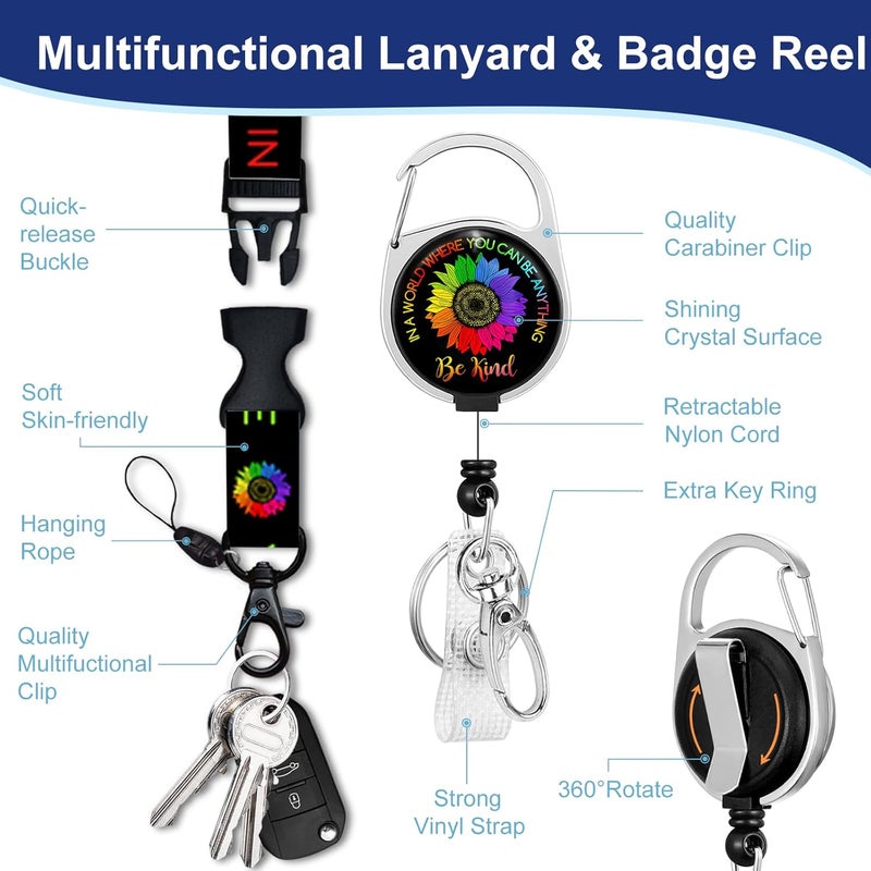 GIANCOMICS Be Kind Lanyards for Id Badges, ID Badge Holder with Lanyard Badge Reel Retractable, Flower Teacher Lanyard with ID Holder Keychain Clip Name Tag ID Card Holder for Women Work Office Gift - Image 5